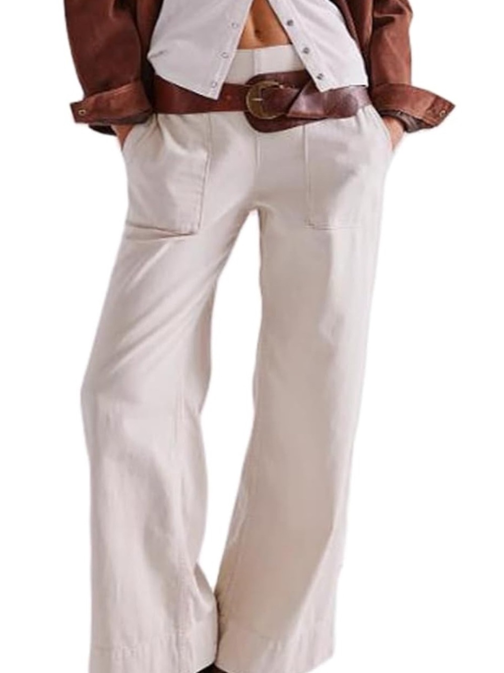 Wide Leg Cream Pants with Front Patch Pockets